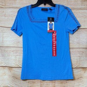 Rafaella Blue‎ Squareneck Top with Embroidered Neck Size XS